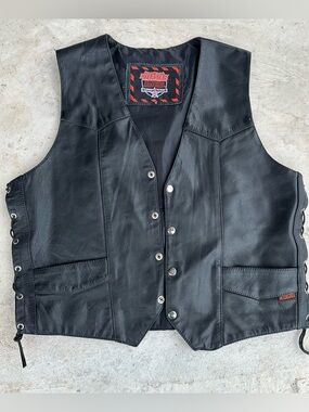 Men’s Interstate Leather Harley Davidson Button Up Black Biker Vest Medium